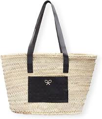 Capazo Rafia con Bolsillo de Piel Negra para Mujer - SILBON