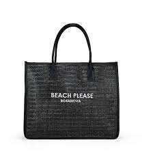 Bolso Shopper de Playa Rafia Negra con Letras Bordadas