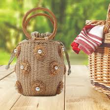 Bolso Tote de Mimbre con Flores y Perlas