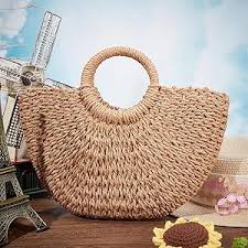 Bolso de Playa de Paja Semicírculo Hecho a Mano