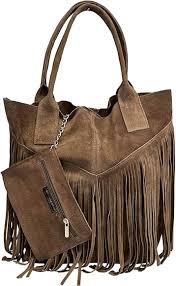Bolso Shopper de Ante con Flecos para Mujer