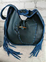 Bolso Hippie de Piel Azul con Flecos para Mujer