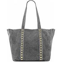 Bolso Shopper Gris con Tachuelas y Cierre de Cremallera